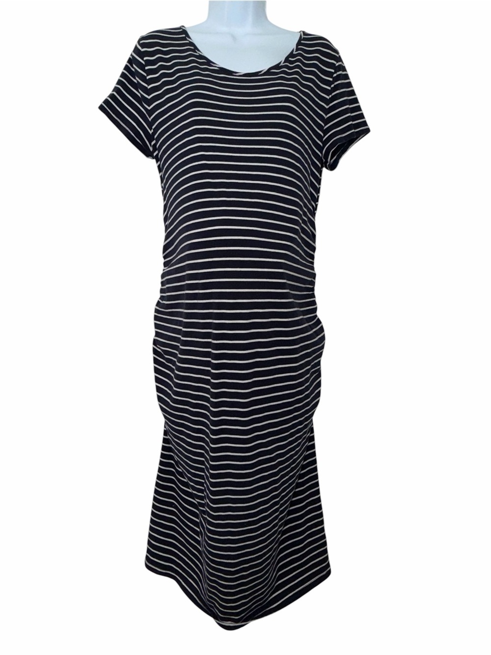 Women's Navy/White Striped Stretch Short Sleeved Maternity Dress